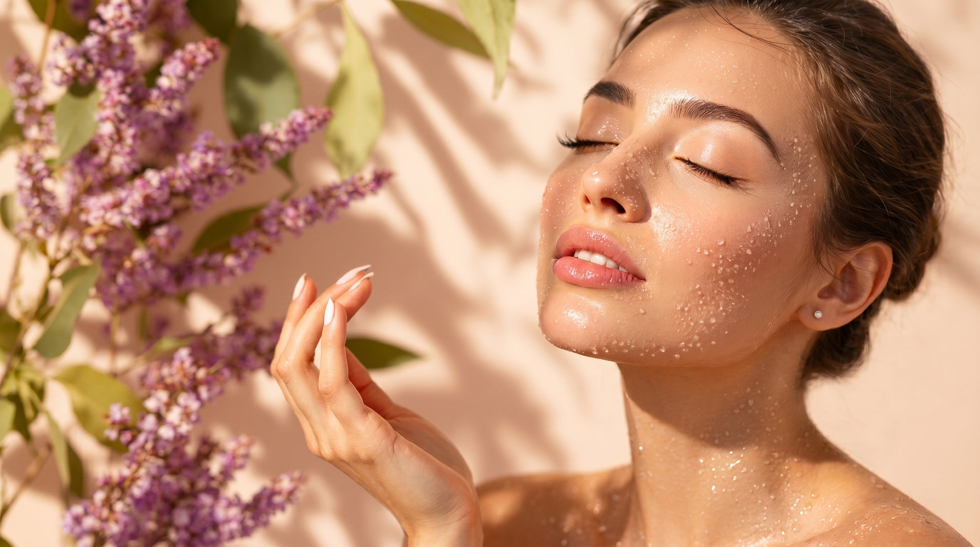 Translation missing: en.Woman with a glowing skin texture surrounded by purple flowers and green leaves